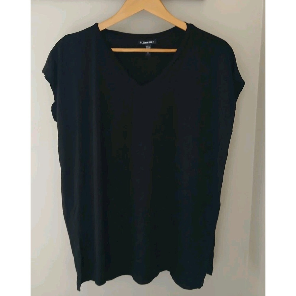 Eileen Fisher V-Neck Tunic Top Size Medium Black Tencel Minimalist Classic